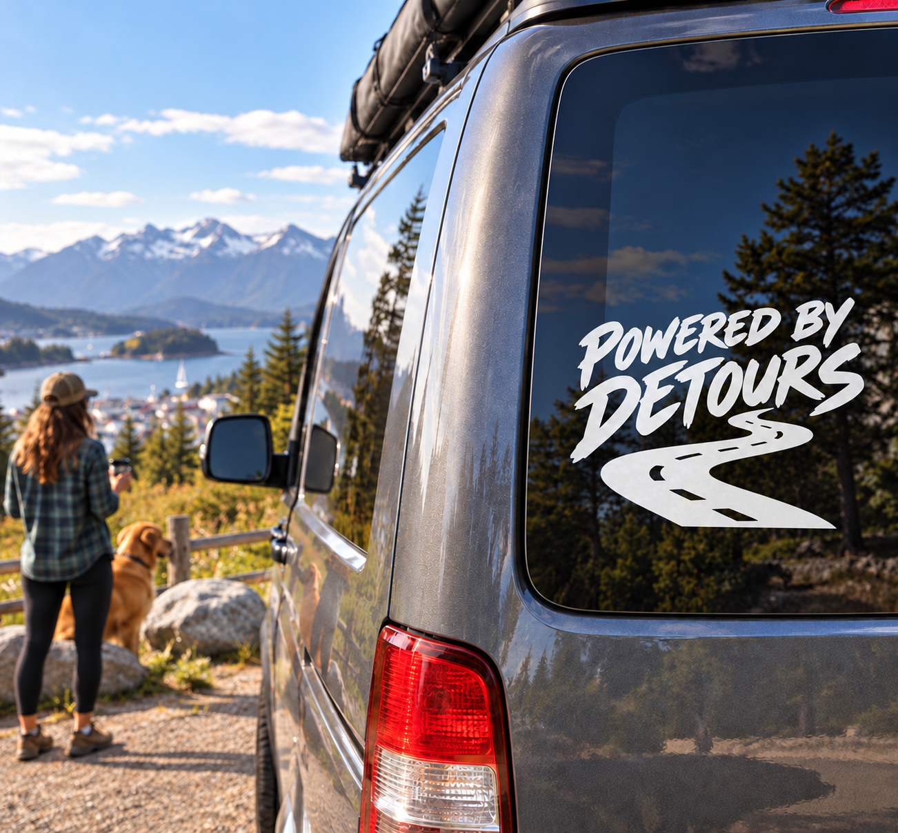 Vinyl decal for van windows: “Powered by Detours” text with road graphic