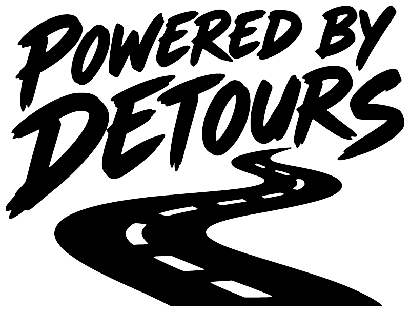 “Powered by Detours” vinyl decal text with road and arrow icon, black on white