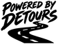“Powered by Detours” vinyl decal text with road and arrow icon, black on white