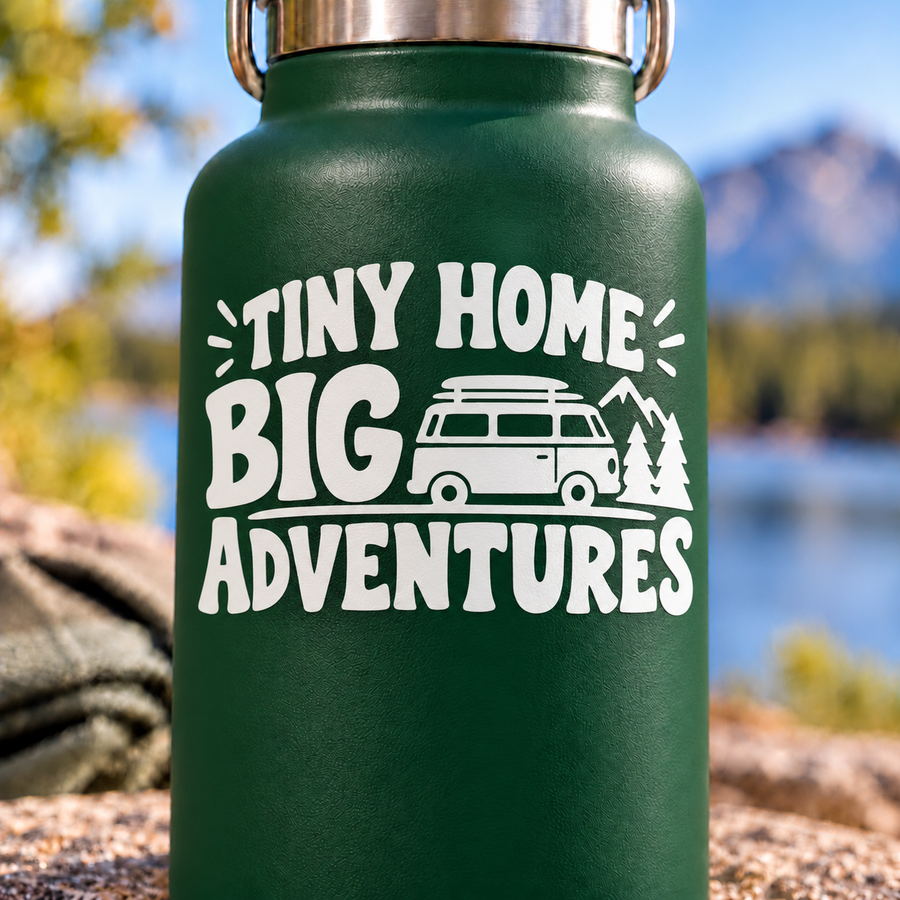 Green bottle with white 'Tiny Home Big Adventures' decal—van and pine trees