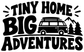 Black 'Tiny Home Big Adventures' vinyl decal with van and pine tree icons