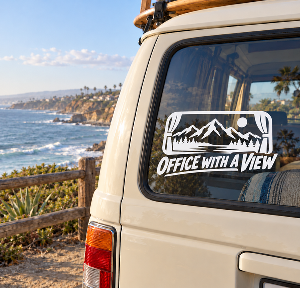 Office With a View vinyl decal for van window, black mountain landscape and text