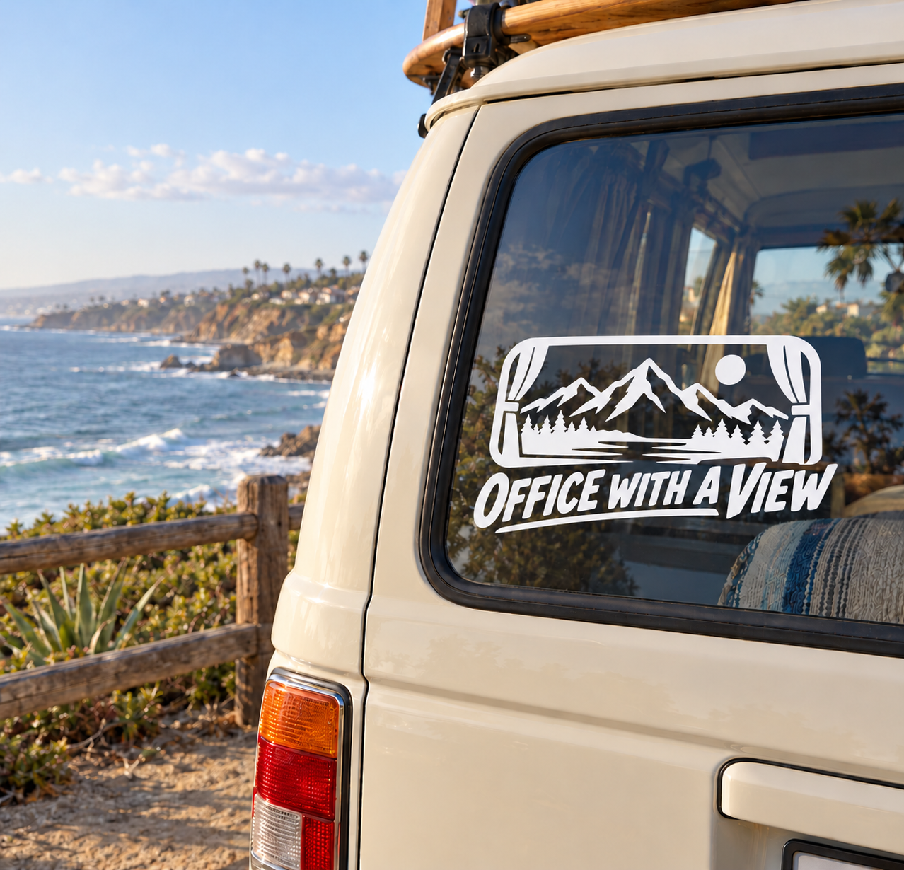Office With a View vinyl decal for van window, black mountain landscape and text