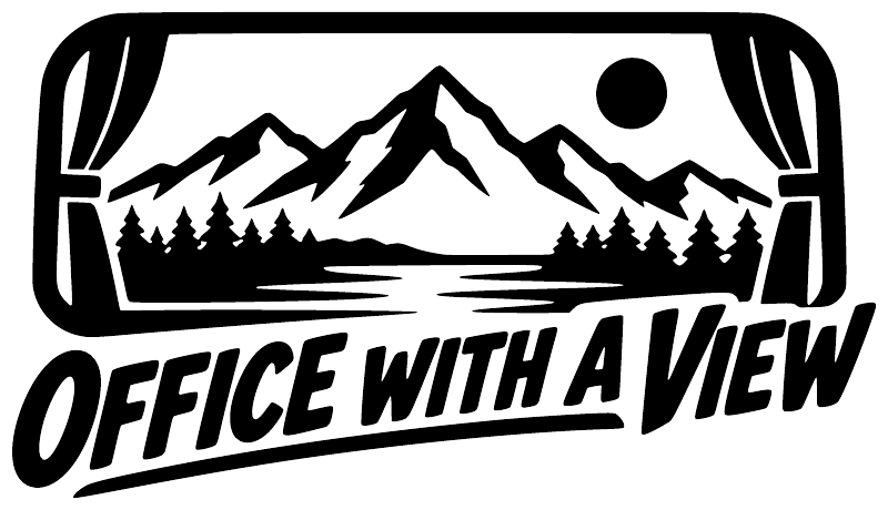 Office With a View vinyl decal, black mountains, trees, and bold white lettering