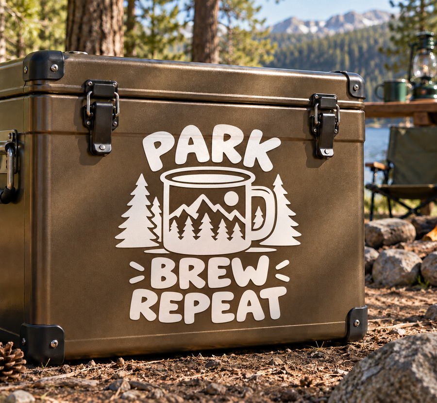 Park Brew Repeat vinyl decal: coffee mug, pine trees, and 'PARK BREW REPEAT' lettering