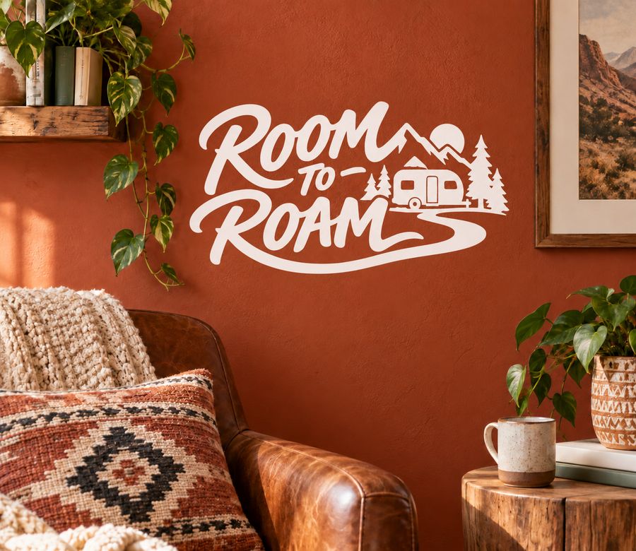 White vinyl decal: 'Room to Roam' script with van and pine trees