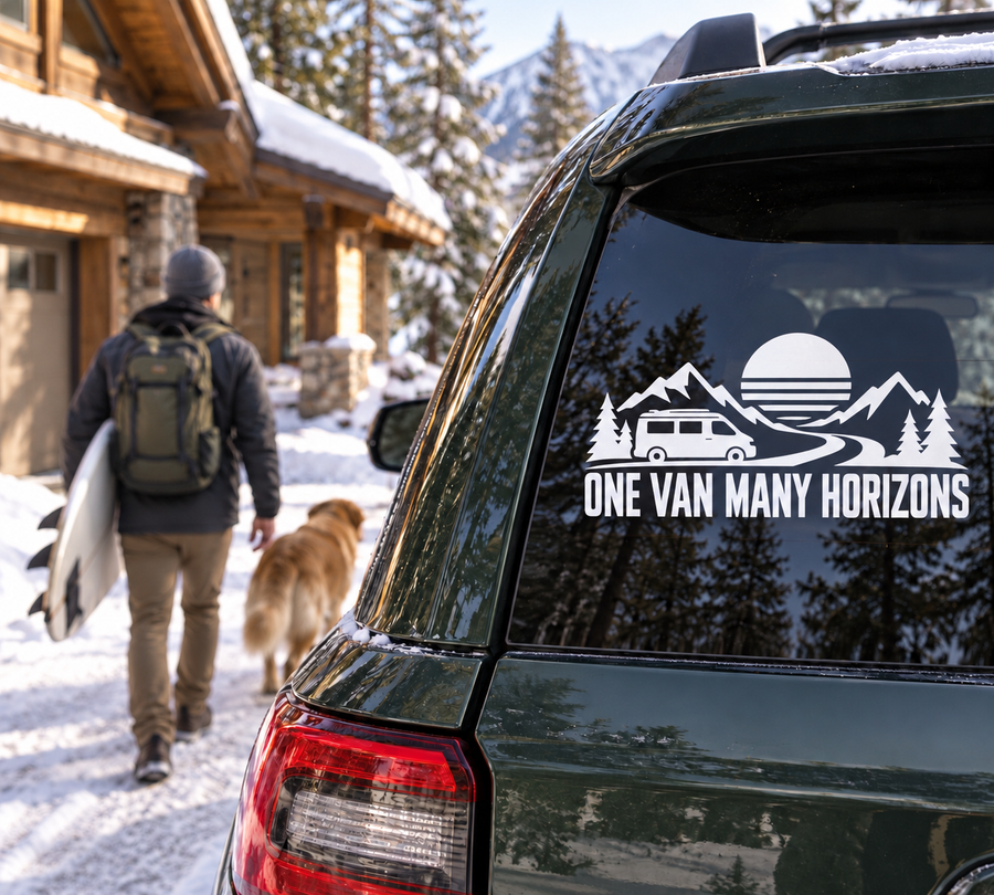 Vinyl decal for van rear window: mountains, sun, trees, and “ONE VAN MANY HORIZONS” text.