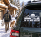 Vinyl decal for van rear window: mountains, sun, trees, and “ONE VAN MANY HORIZONS” text.