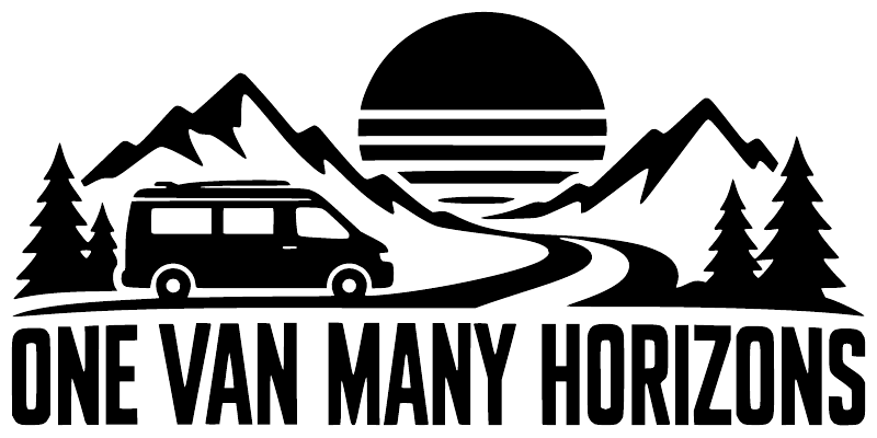 Black and white vinyl decal graphic: van, mountains, sunrise, trees, and “ONE VAN MANY HORIZONS”.