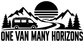 Black and white vinyl decal graphic: van, mountains, sunrise, trees, and “ONE VAN MANY HORIZONS”.