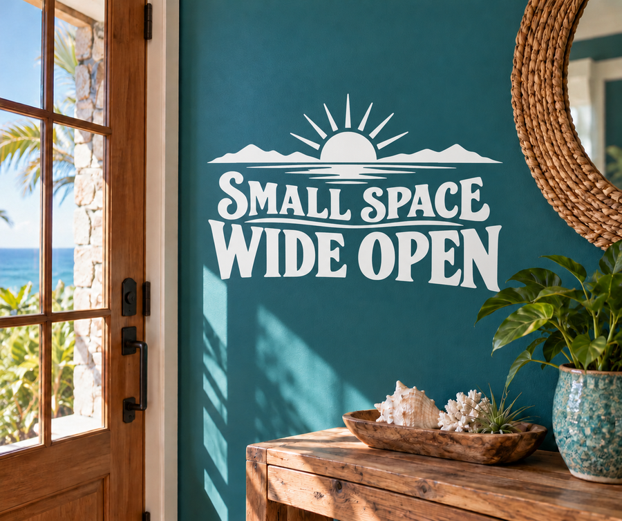 White vinyl wall decal with sun, waves, and the phrase “Small Space Wide Open”