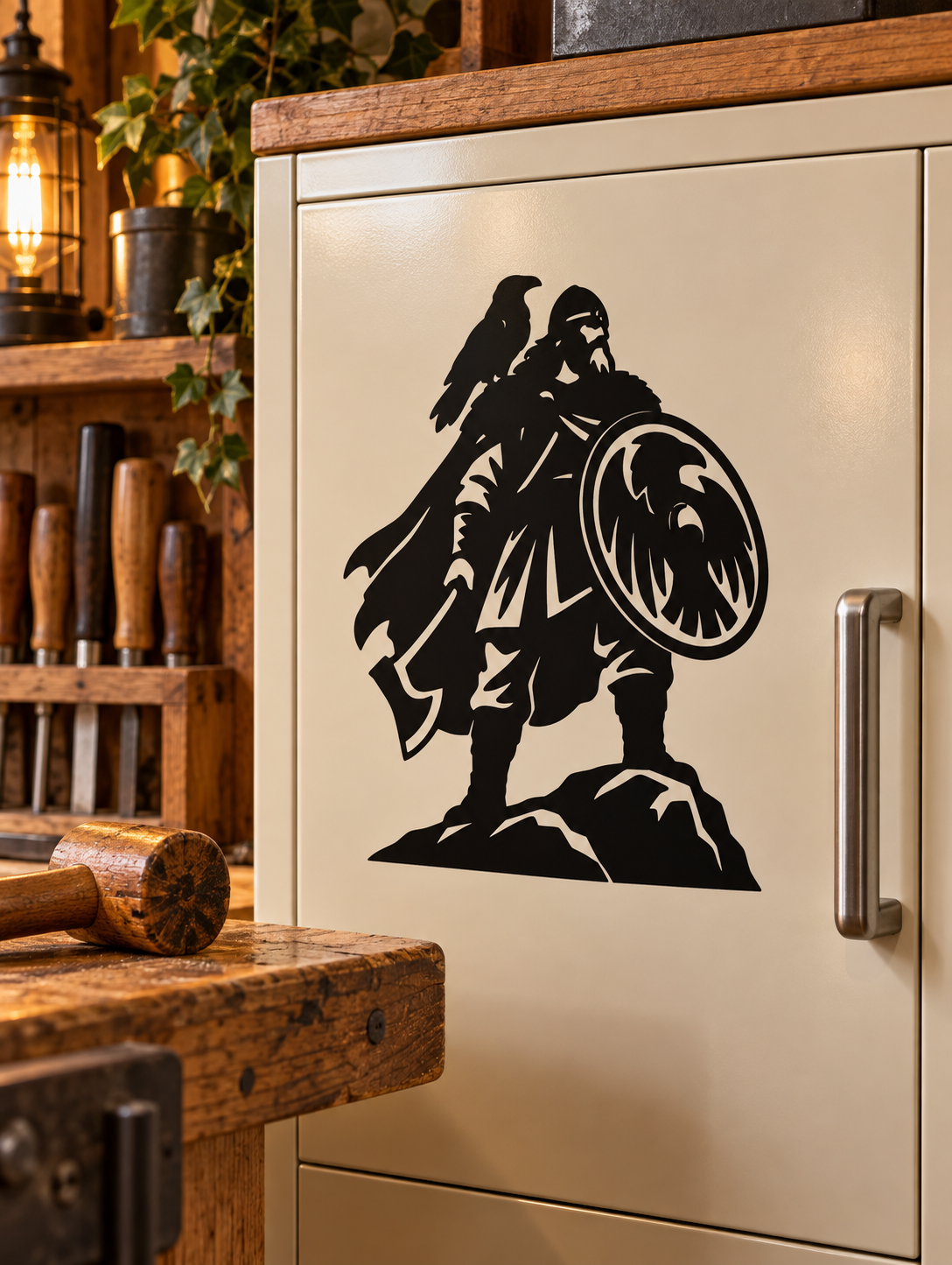 Viking warrior vinyl decal with raven-style shield, bold black silhouette