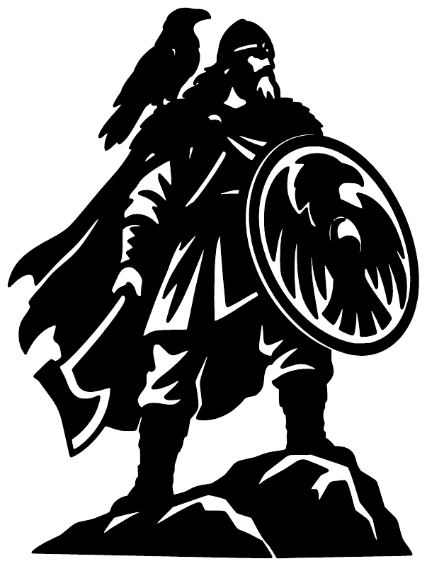 Raven shield warrior vinyl decal, black Viking silhouette close-up
