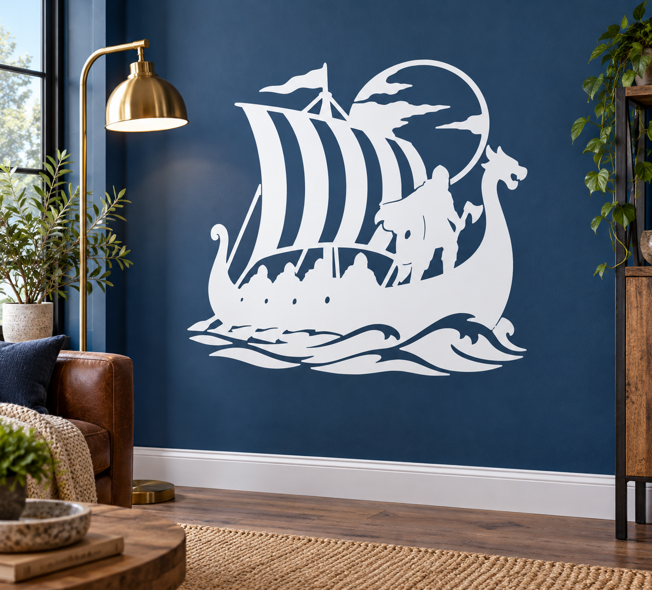 White Viking longship vinyl decal with moon, waves, and horned warrior silhouette.