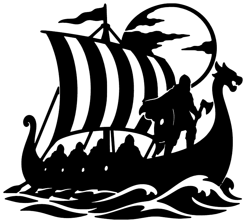 Black Viking longship vinyl decal with moon, waves, and horned warrior silhouette.