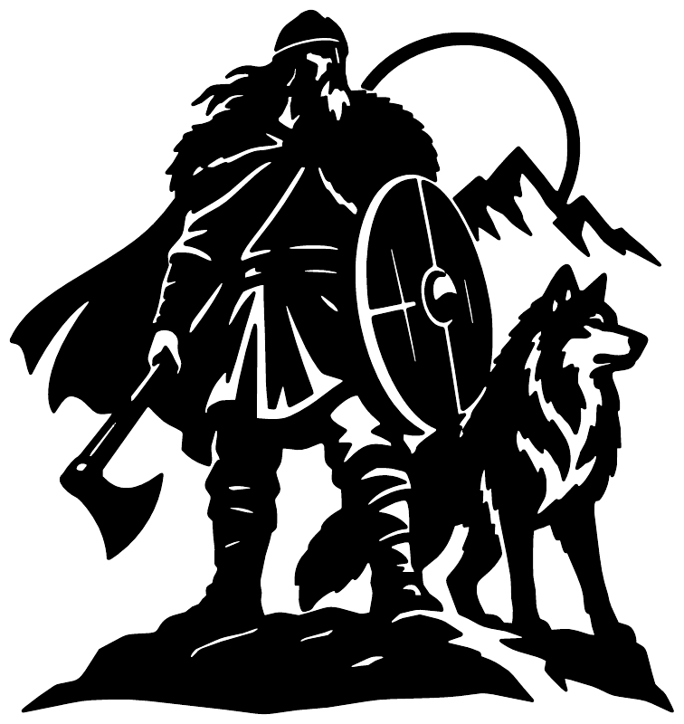 Black vinyl decal of armored warrior with large shield and snarling wolf