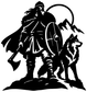 Black vinyl decal of armored warrior with large shield and snarling wolf