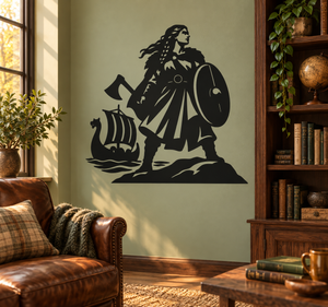 Braided shield maiden vinyl decal with Viking ship and waves, black silhouette
