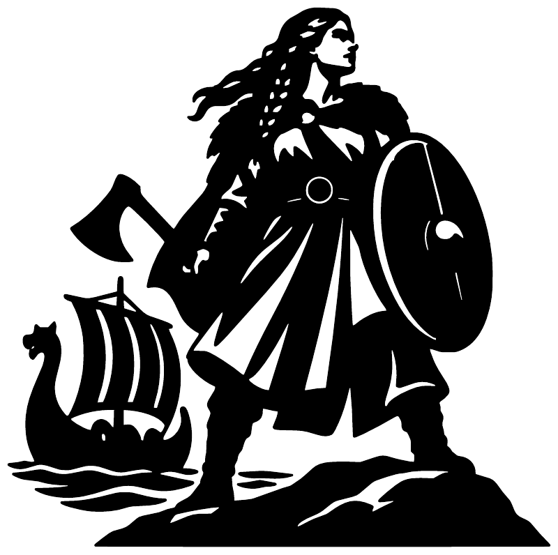 Black Viking shield maiden vinyl decal silhouette with shield, sword, and sailing ship