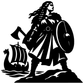 Black Viking shield maiden vinyl decal silhouette with shield, sword, and sailing ship