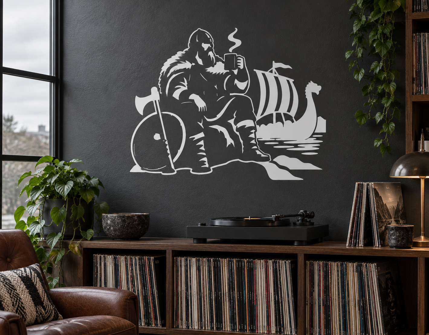 Vinyl decal: white Viking silhouette holding steaming mug beside longship
