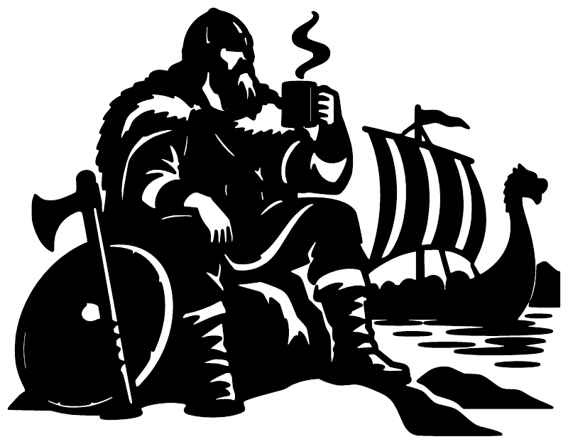 Vinyl decal: black Viking silhouette with steaming mug and longship graphic