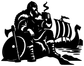 Vinyl decal: black Viking silhouette with steaming mug and longship graphic