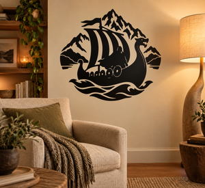 Viking longship crest vinyl decal, black and white mountains and sails