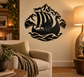 Viking longship crest vinyl decal, black and white mountains and sails