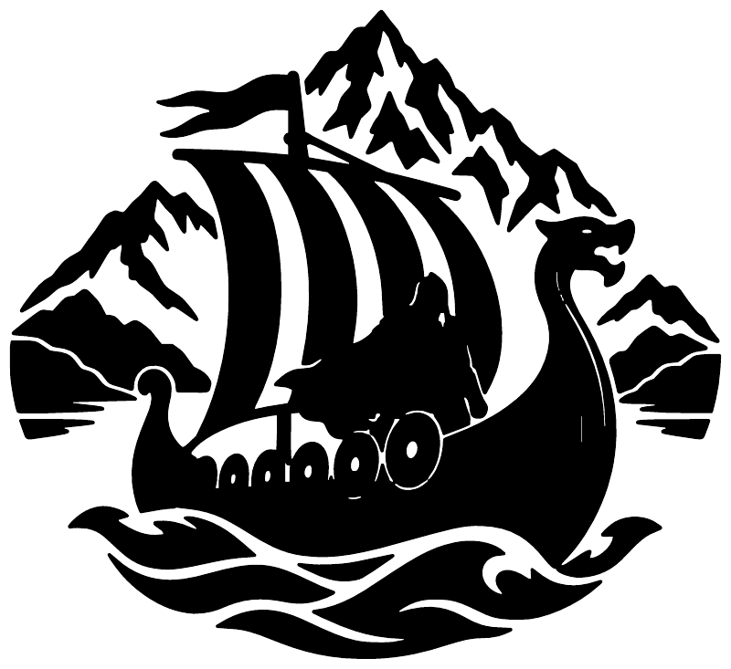Black and white longship crest vinyl decal with mountains and oar details