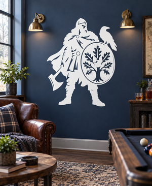 Viking vinyl wall decal of warrior holding round shield with tree emblem, white finish