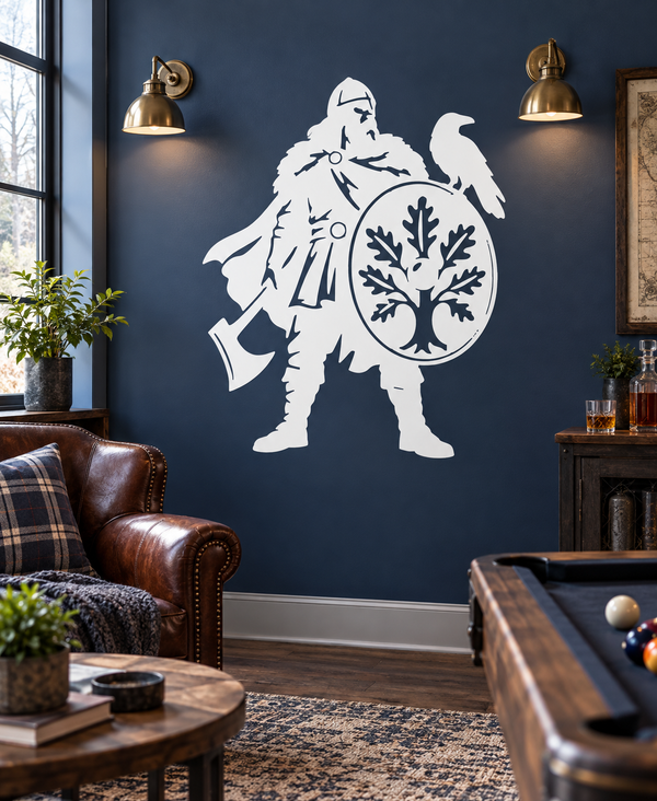 Viking vinyl wall decal of warrior holding round shield with tree emblem, white finish