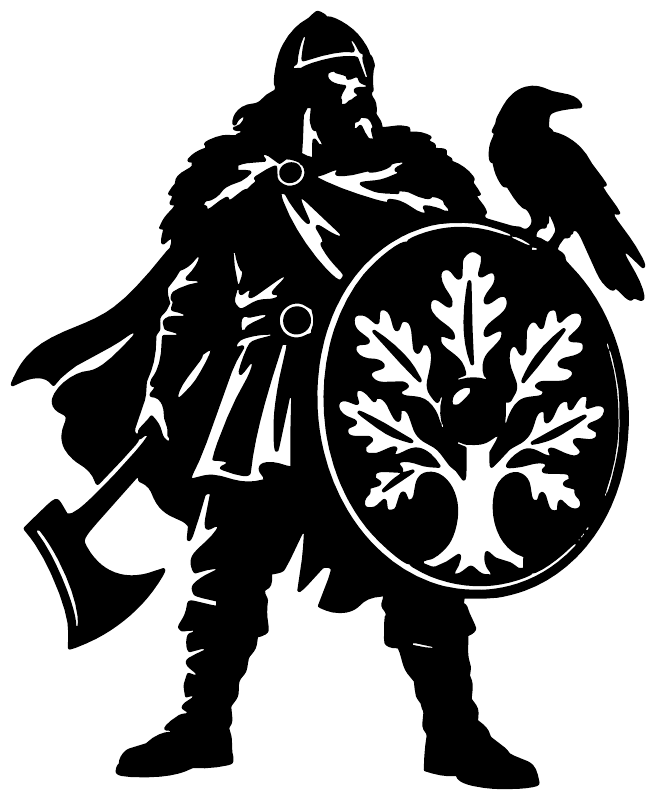 Viking shield vinyl decal silhouette with tree artwork inside round shield, black design