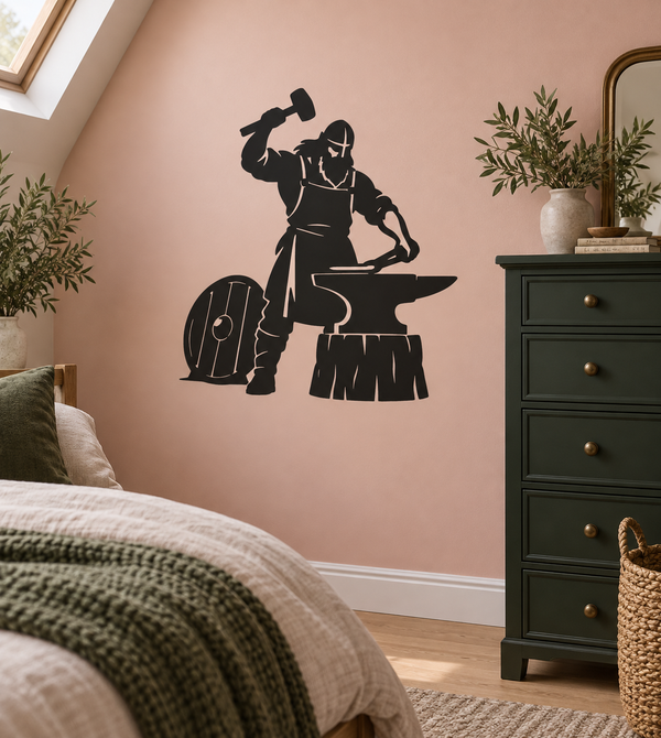 Viking blacksmith vinyl decal, black silhouette of armored warrior holding hammer and anvil