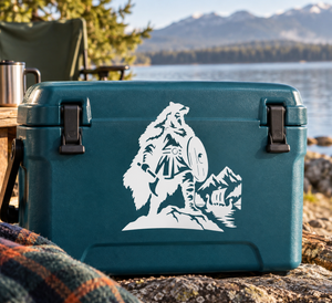 Viking bear guardian vinyl decal, white silhouette warrior with axe on teal surface