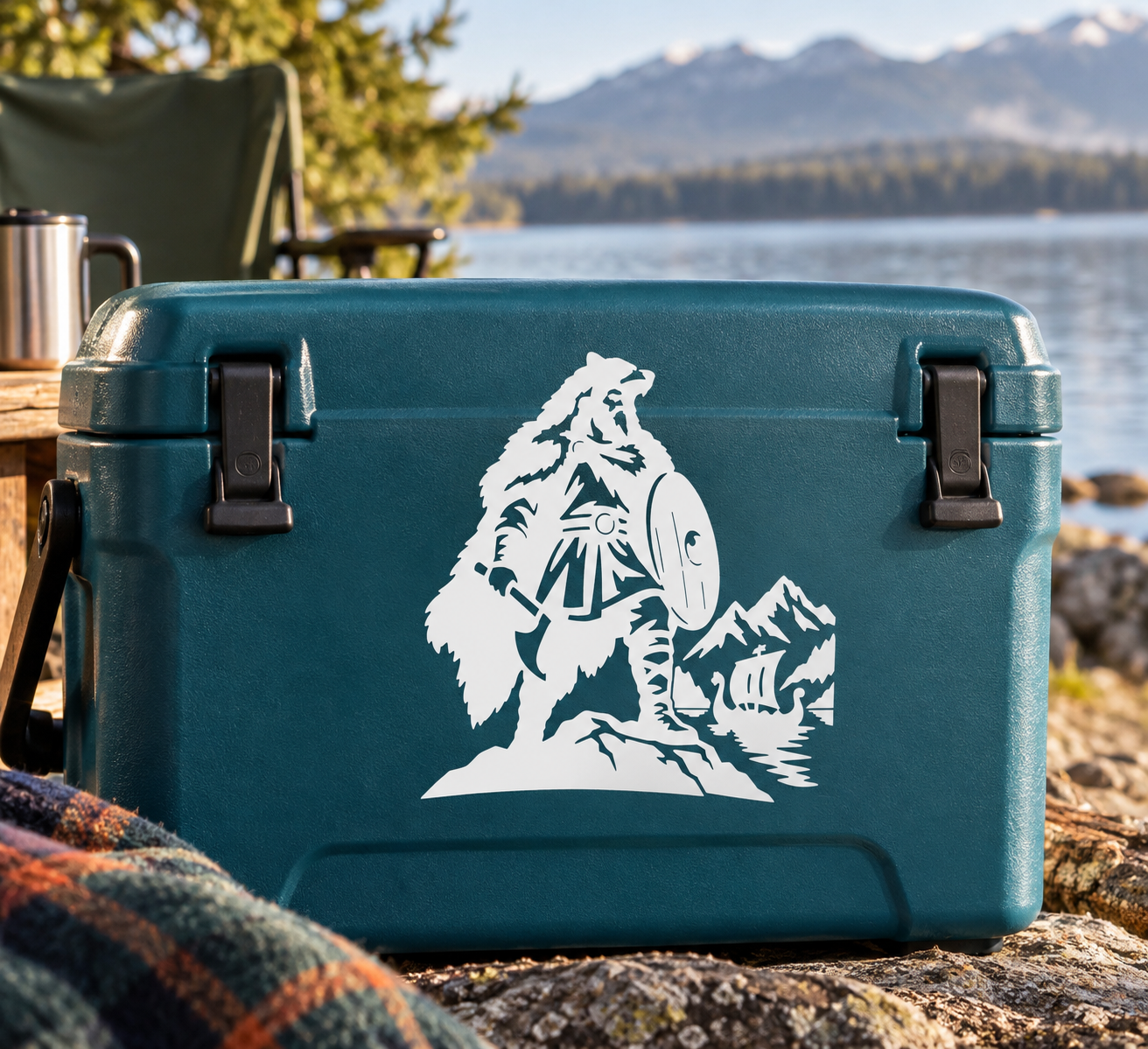 Viking bear guardian vinyl decal, white silhouette warrior with axe on teal surface