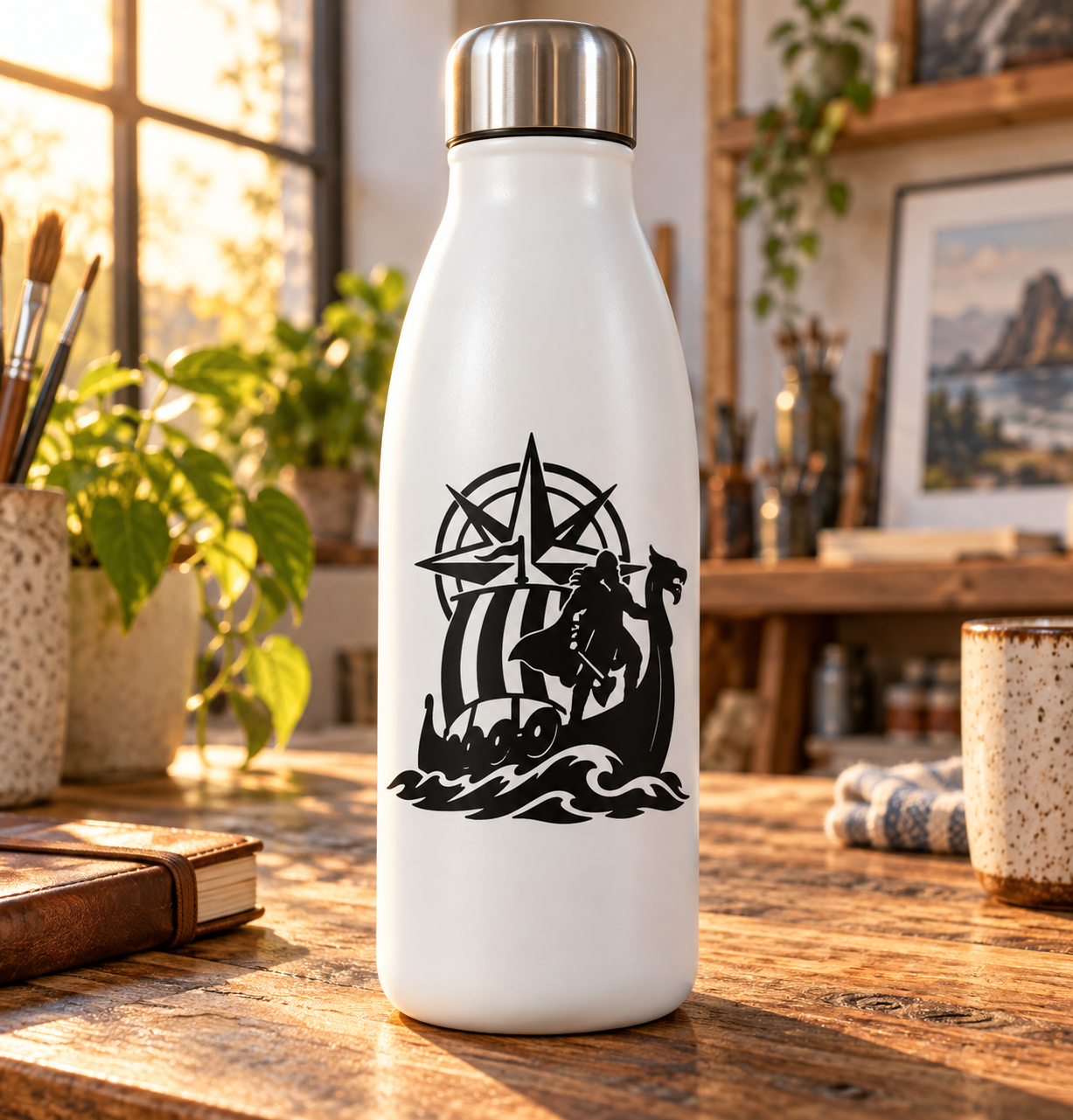 Black Viking compass and longship vinyl decal on white bottle