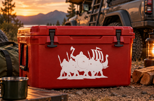 Red cooler with white Viking shield wall silhouette vinyl decal