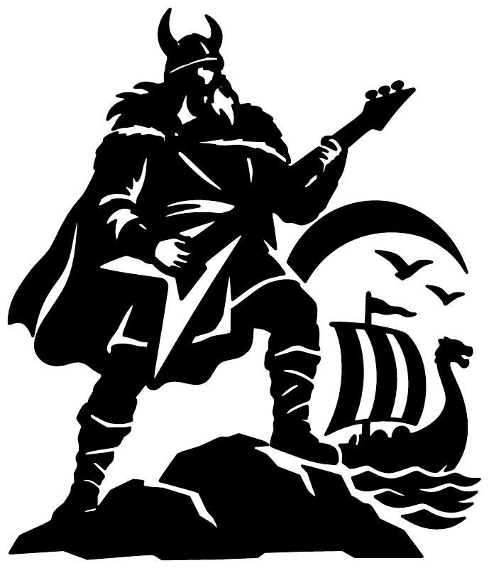 Viking guitarist vinyl decal, black silhouette of warrior holding guitar and shield