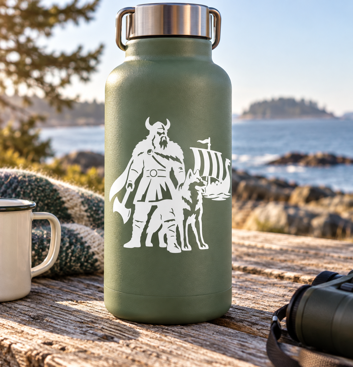 Green bottle with white Viking and dog vinyl decal silhouette