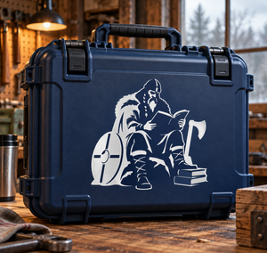 Viking reading book vinyl decal, white silhouette on dark background