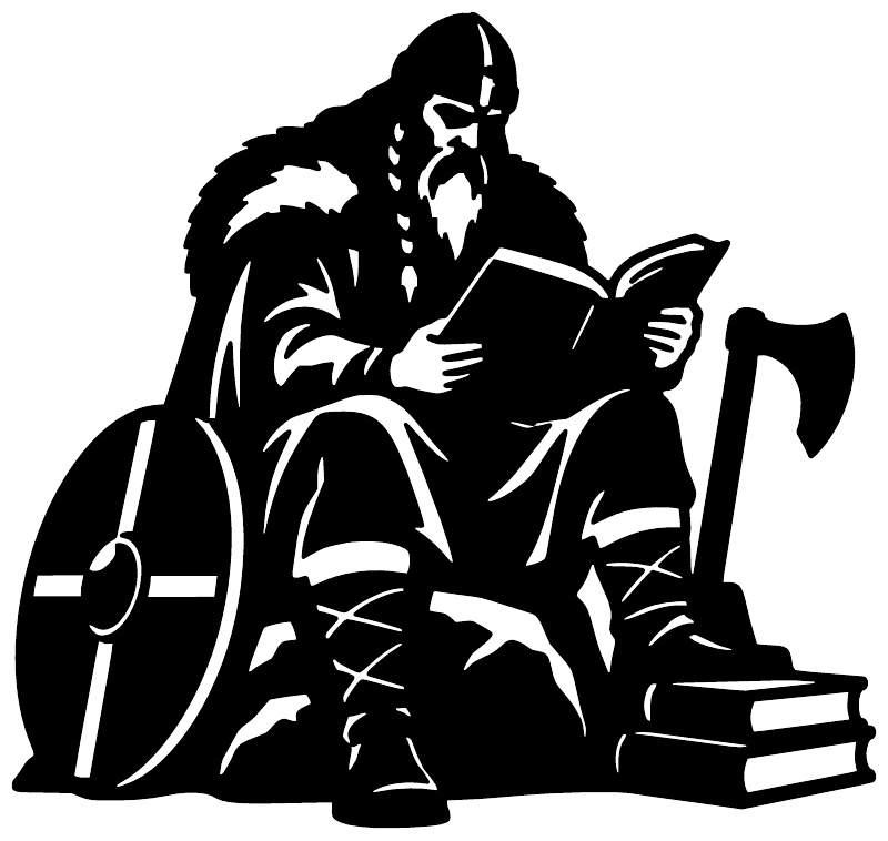 Viking reading and holding book vinyl decal, bold black silhouette
