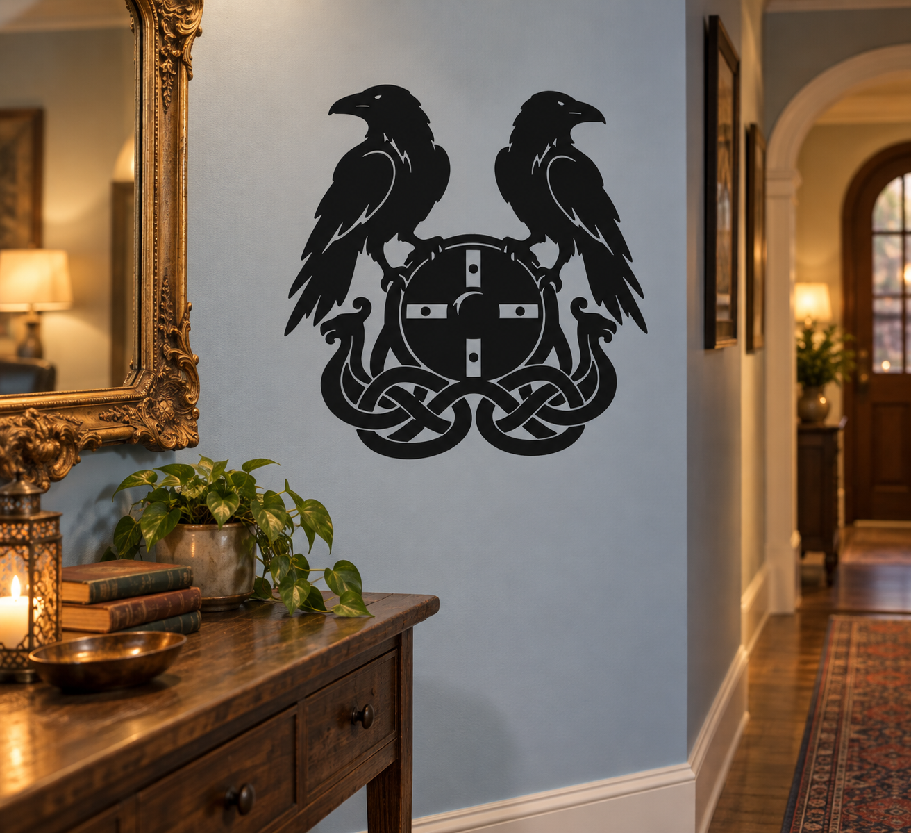 Black raven emblem vinyl decal with two ravens and shield with celtic knot design