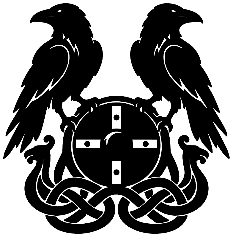 Close-up of black vinyl decal: two ravens around round shield with celtic knots