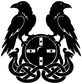 Close-up of black vinyl decal: two ravens around round shield with celtic knots