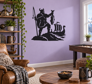 Black vinyl decal of a Viking fisherman with net and longship on waves