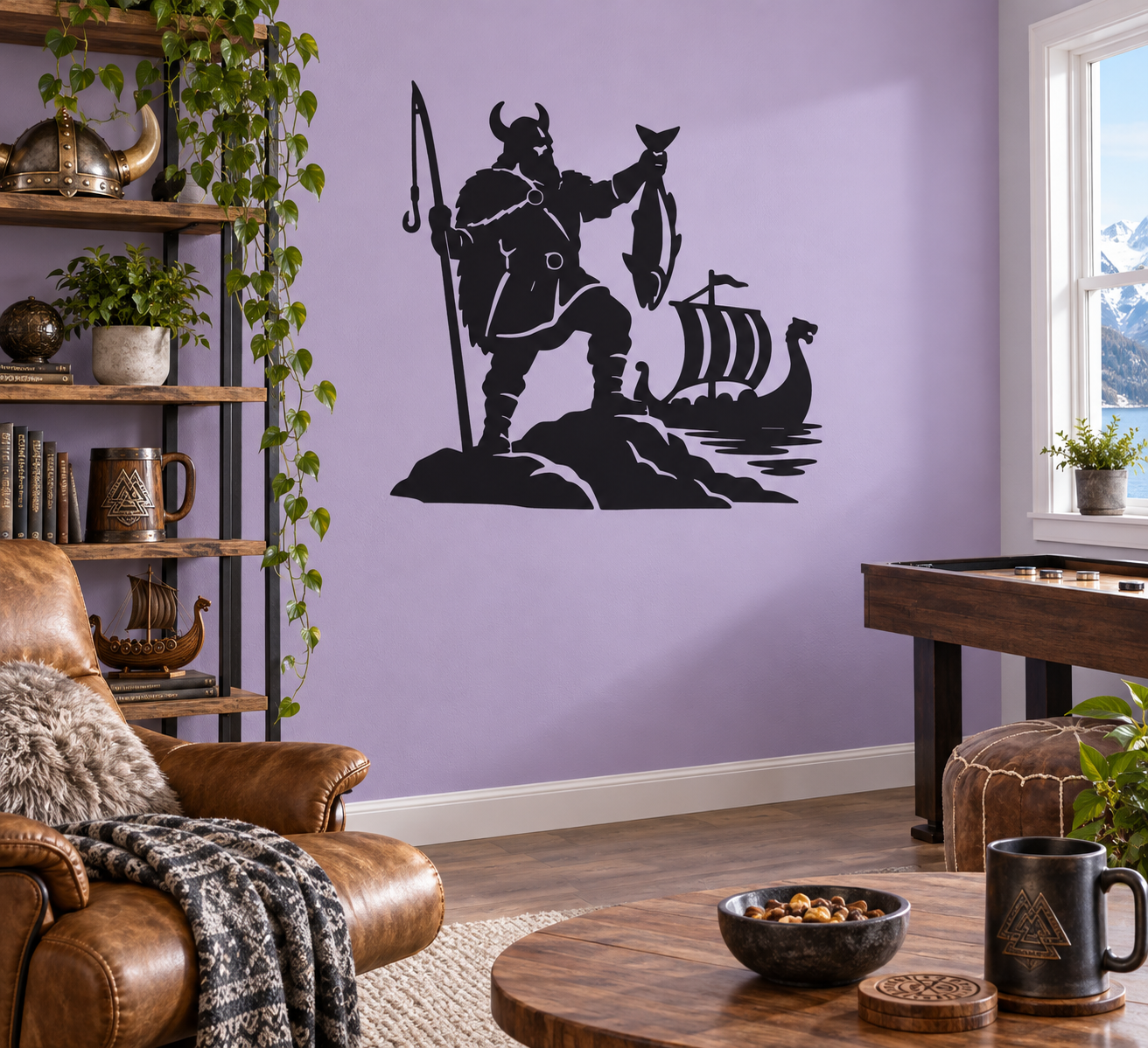 Black vinyl decal of a Viking fisherman with net and longship on waves