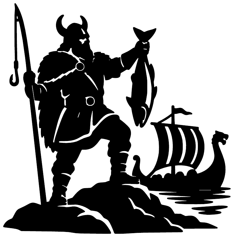 Black silhouette Viking fisherman with longship and waves, vinyl decal close-up
