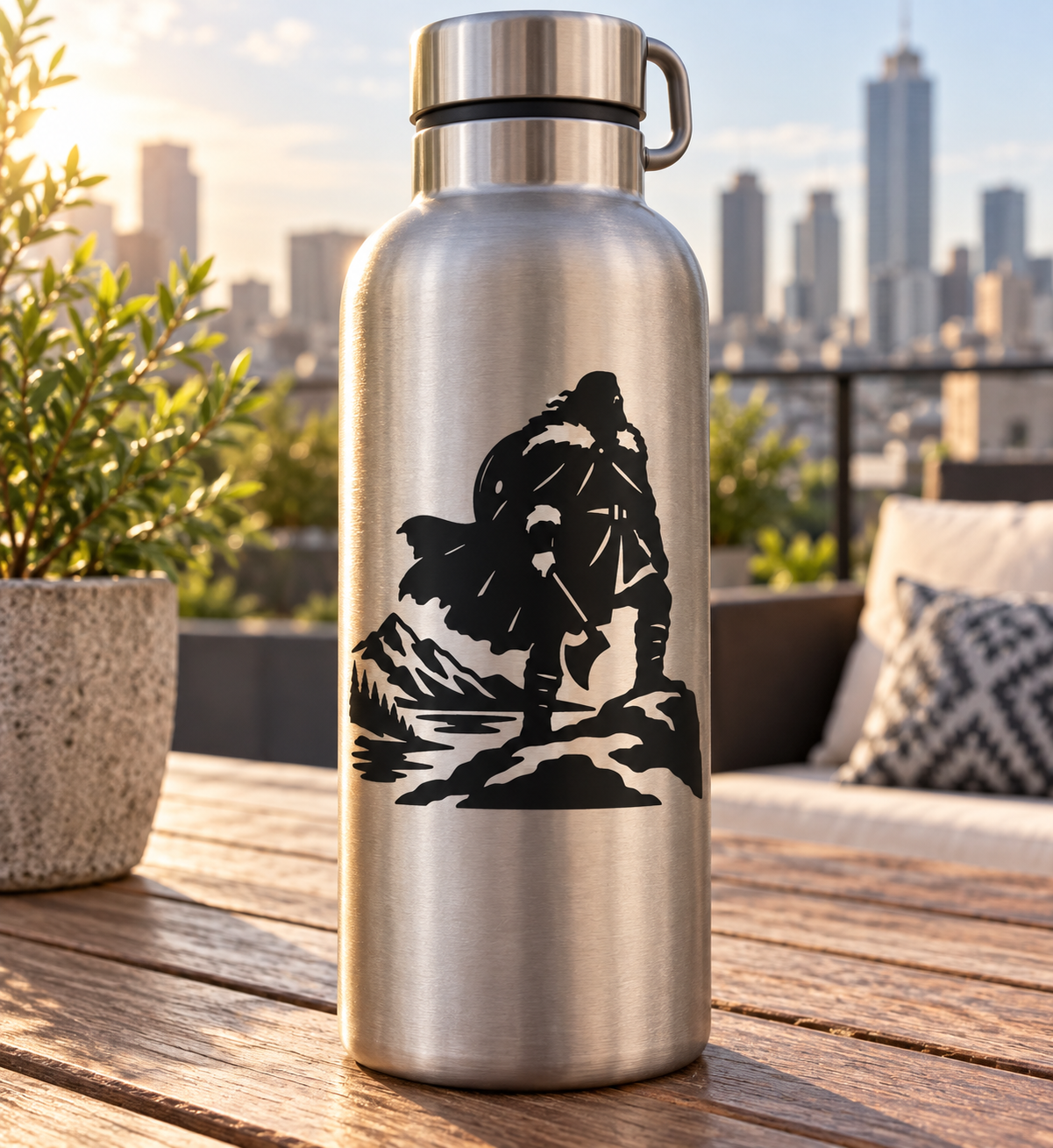 Viking warrior vinyl decal silhouette on a bottle, with snowy mountains and a ship