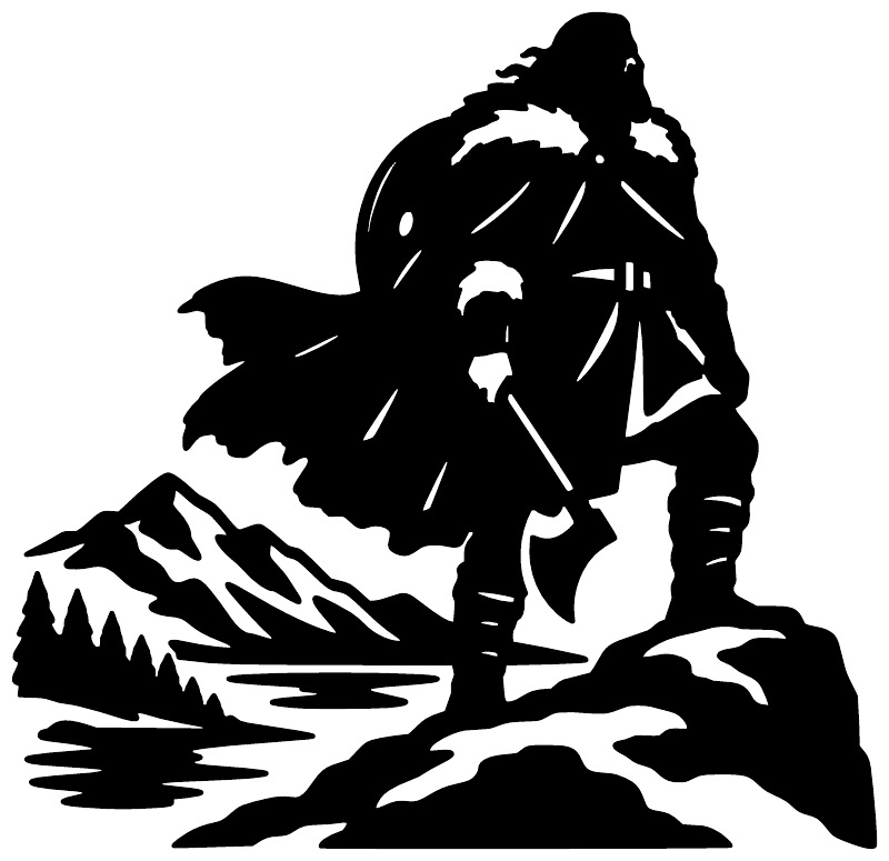 Black Viking warrior vinyl decal silhouette with mountains, trees, and water